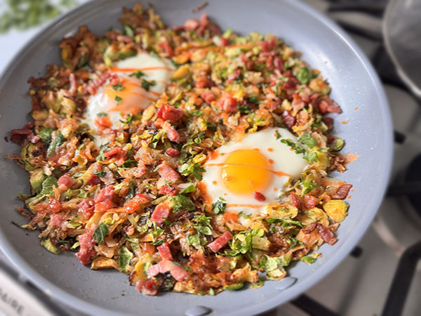 Breakfast Potato Hash with Brussels Sprouts and Bacon