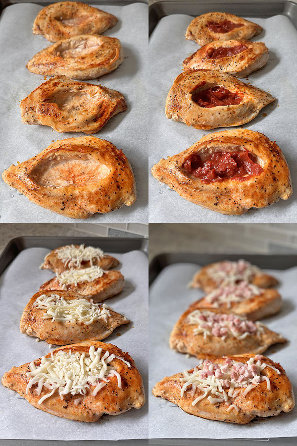 Instructions for stuffing chicken breasts with marinara, mozzarella and pancetta.