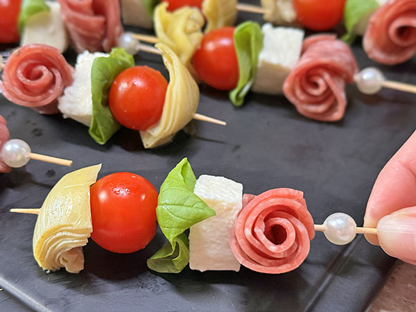 Easy Caprese Skewer Bites Recipe with Salami & Artichokes