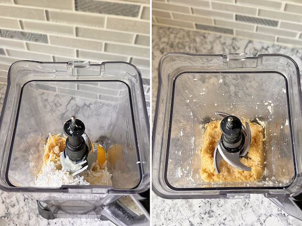 Coconut layer ingredients in a blender on the left, blended coconut layer ingredients in the blender on the right.