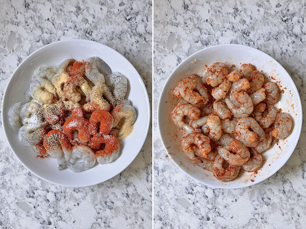Seasoned raw shrimp in a bowl.