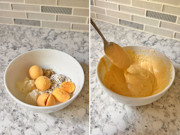 Ingredients for cabbage salad dressing added to a small bowl on the left, mixed cabbage salad dressing with a spoon in a small bowl on the right.