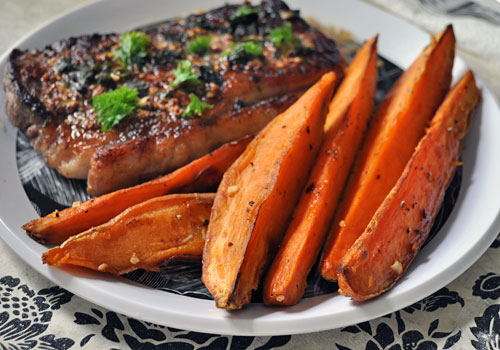 Garlicky Sweet Potato Wedges