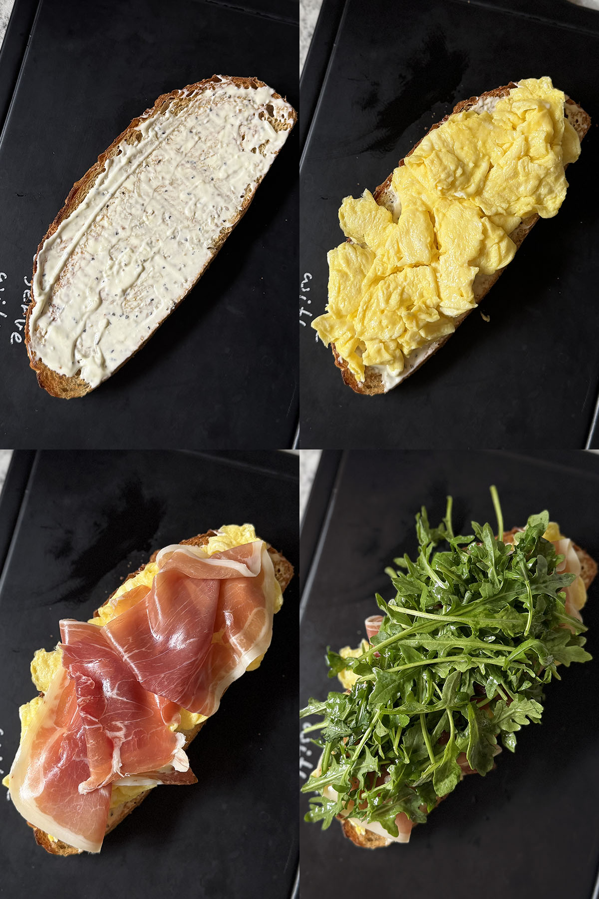 Steps of assembling high protein arugula and prosciutto breakfast sandwich.