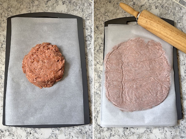 A pile of ground turkey on parchment paper on the left, spread out ground turkey with a rolling pin on the right.