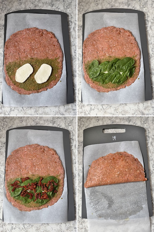 Step-by-step pictures of adding filling to the ground turkey and folded turkey pocket on parchment paper.