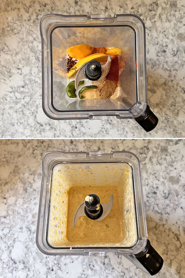 Mango-coconut sauce ingredients in a blender at the top and blended mango-coconut curry sauce at the bottom.