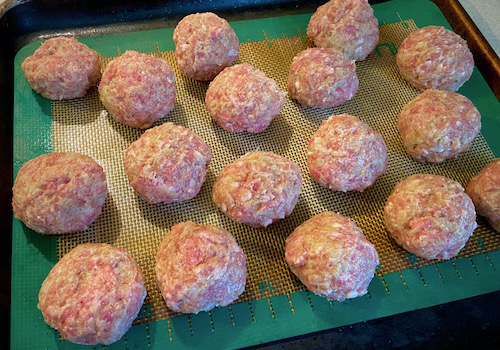 Swedish meatballs formed with the help of trigger release ice cream scoop.