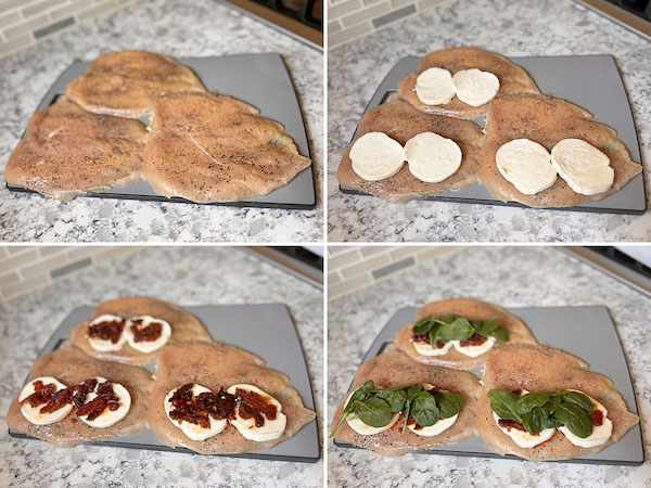 Filling: spinach, mozzarella and sun-dried tomatoes added to one side of the seasoned chicken breasts.